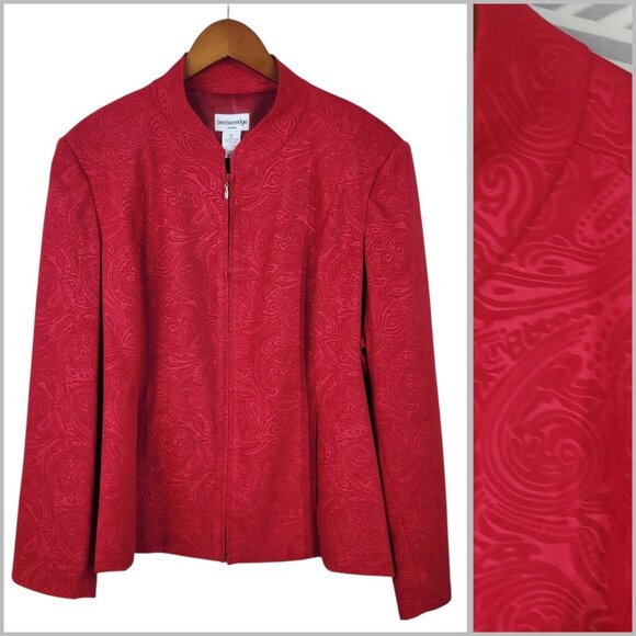 Breckenridge Jacket Plus Size 2X Career Paisley Embossed Floral Red Zip Up - Picture 1 of 6